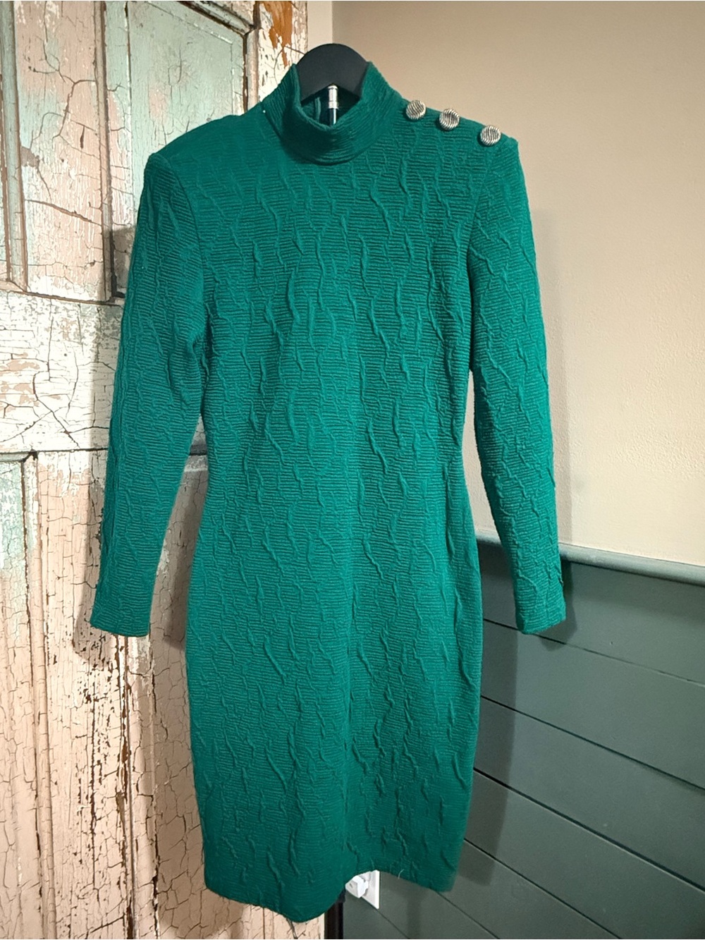 Vintage All That Jazz 7/8 Emerald Green Knit Sweater Dress Shoulder Buttons